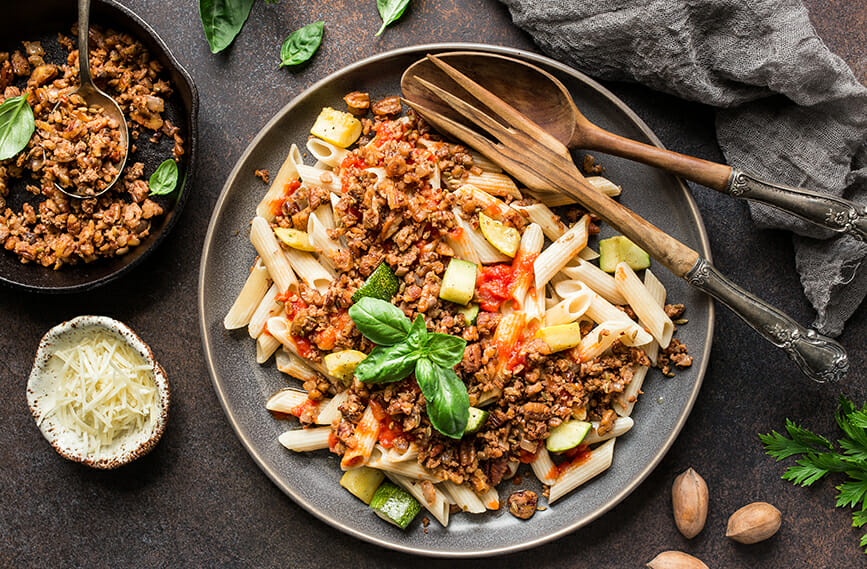 Spicy Pecan Italian “Sausage” and Grilled Vegetable Penne