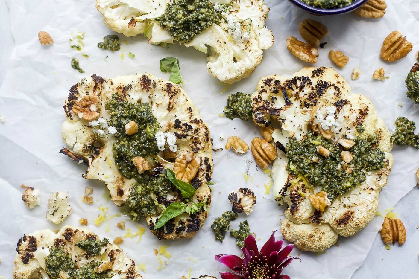 Grilled Cauliflower Slices with Pecan Basil Pesto