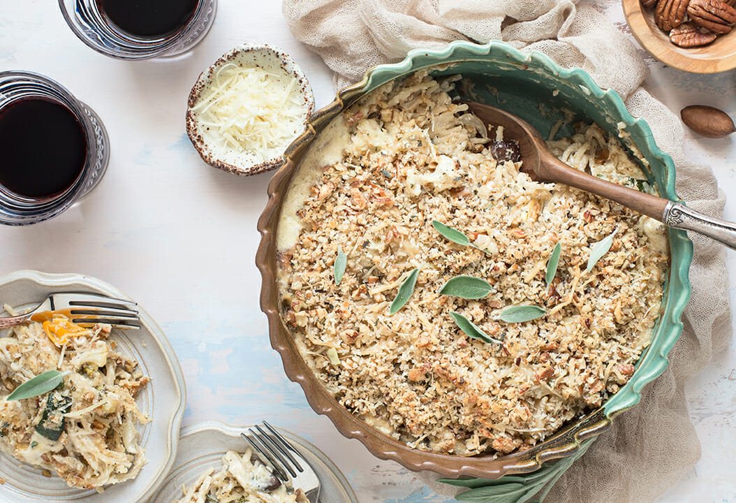 Pecan and Roasted Vegetable Pasta Bake with Sage Cream Sauce
