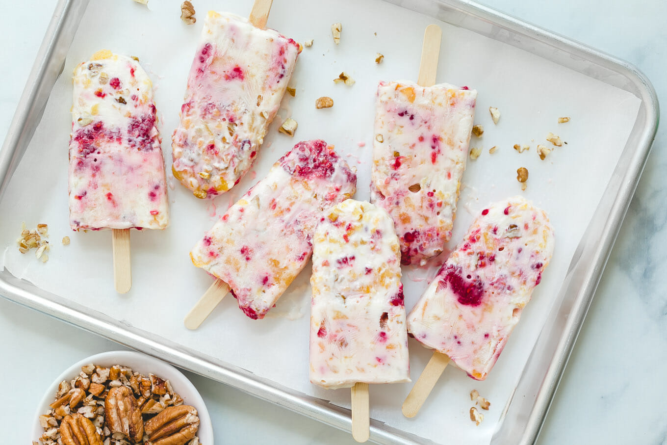 Pecan, Peach and Raspberry Yogurt Pops