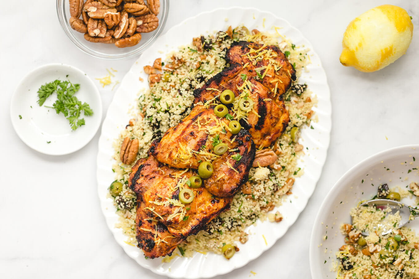 Grilled Moroccan Chicken Thighs with Pecan Couscous