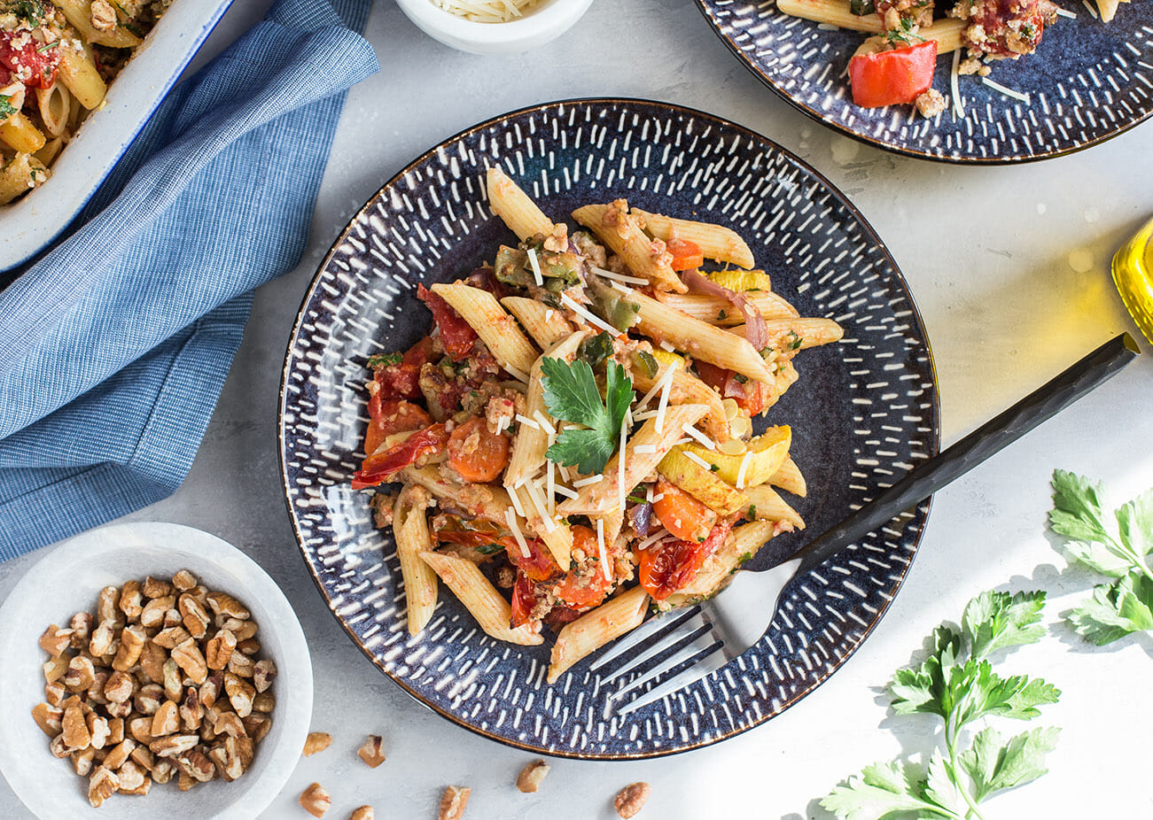Pasta Primavera with Pecan Parmesan Topping