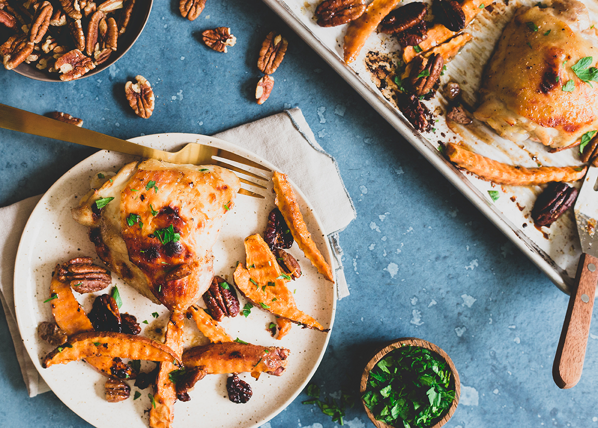 Sheet Pan Maple Mustard Chicken with Pecans and Sweet Potatoes