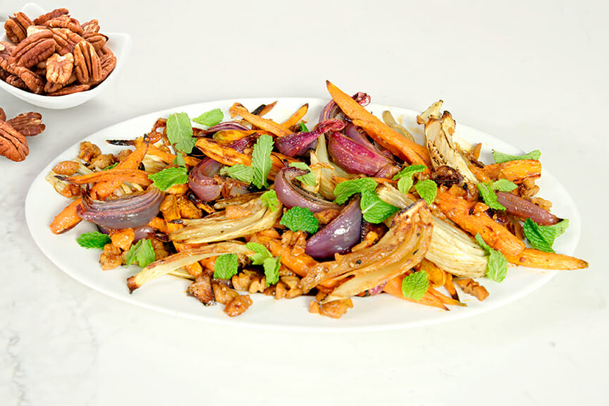 Roasted Carrots and Red Onions with Pecans, Fennel and Mint