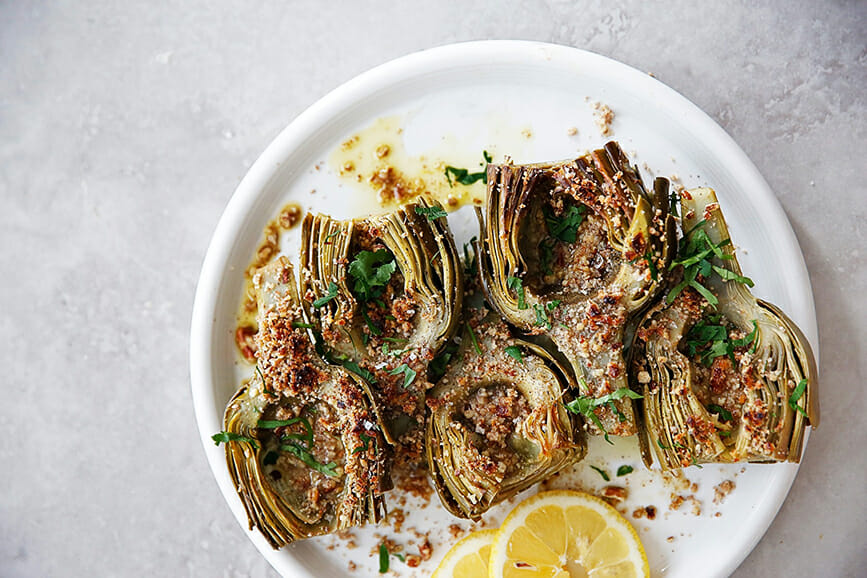 Braised Artichokes with Garlic Pecan Breadcrumbs