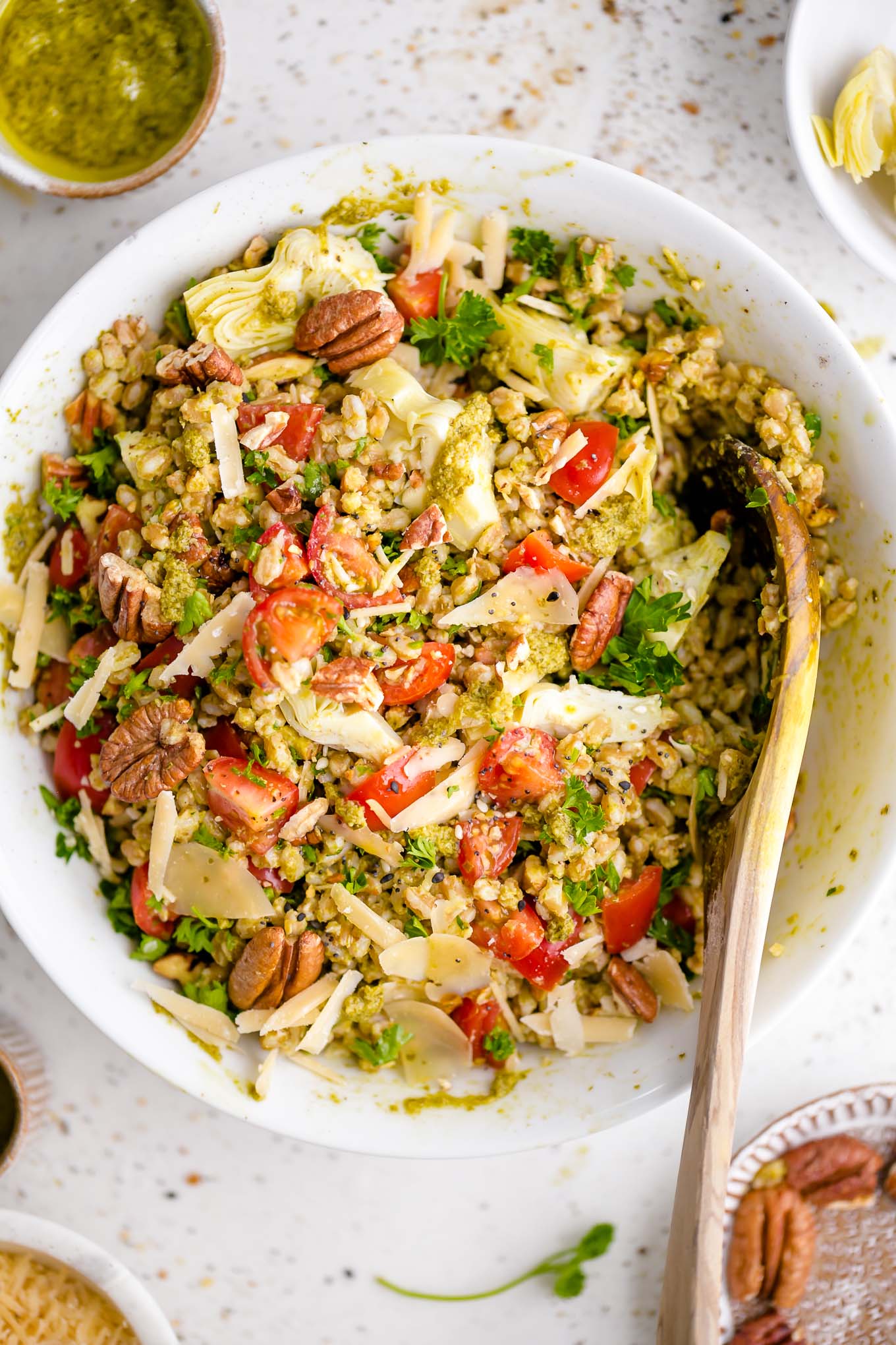 Farro with Pesto, Tomatoes and Pecans