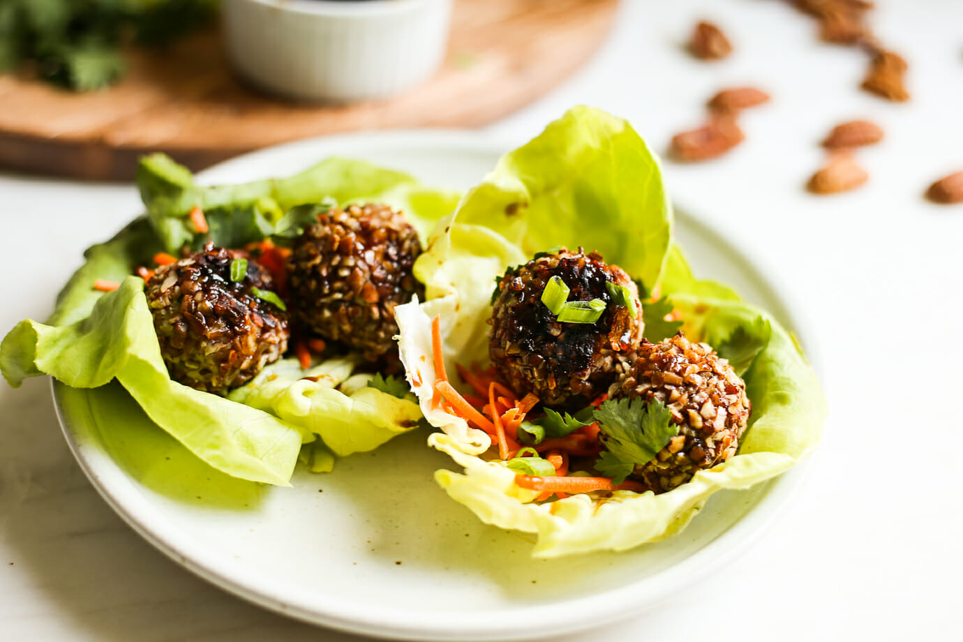 Pecan Crusted Asian Turkey Meatball Lettuce Wraps