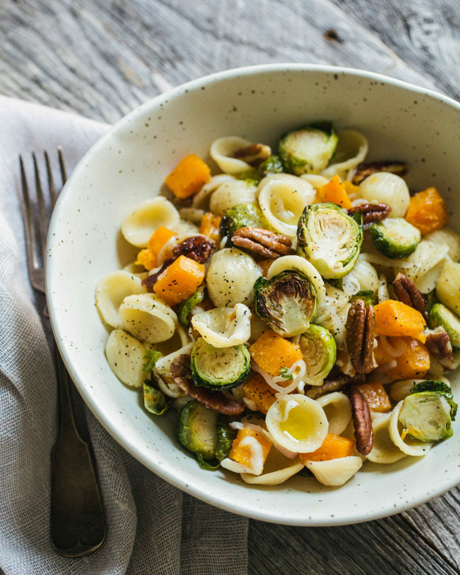 Butternut Squash and Brussels Sprouts Pasta with Pecans | American Pecan Promotion Board