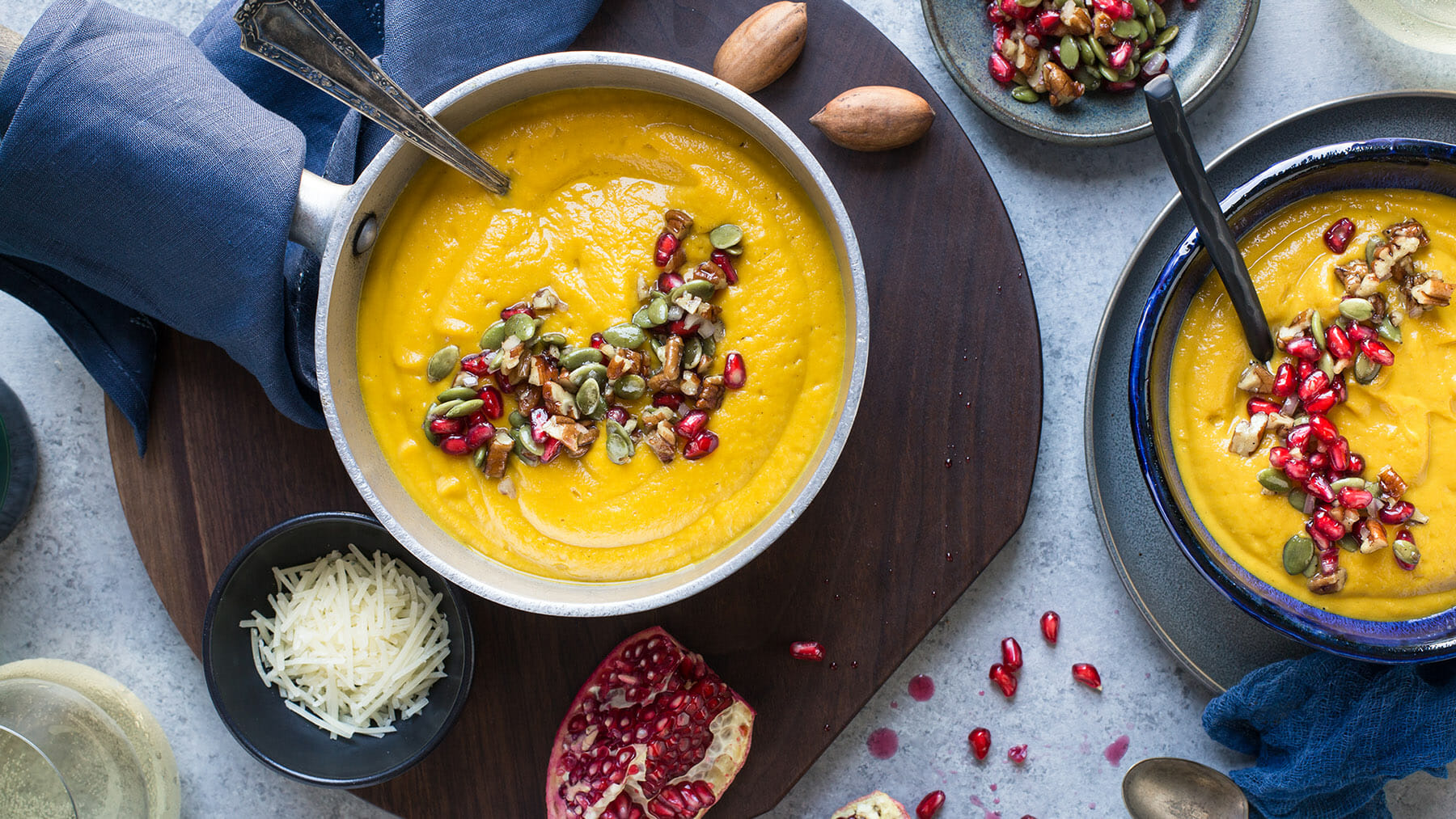 Roasted Pumpkin and Sweet Potato Soup with Pecan Pomegranate Salsa | American Pecan Promotion Board