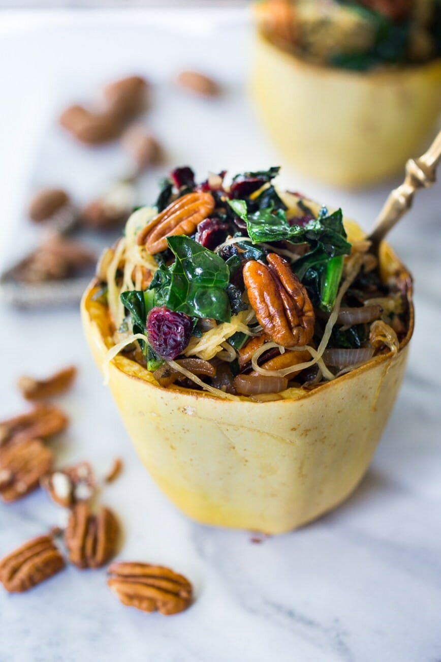 Stuffed Spaghetti Squash with Pecans, Kale and Dried Cranberries | American Pecan Promotion Board